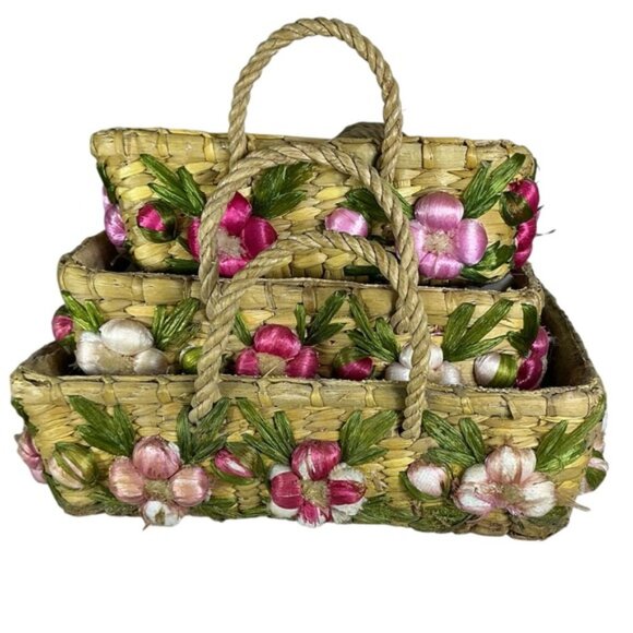 Vintage Nesting Straw Casserole Dish Pyrex Carriers 3 Graduated Sizes 1960’s - Picture 10 of 16